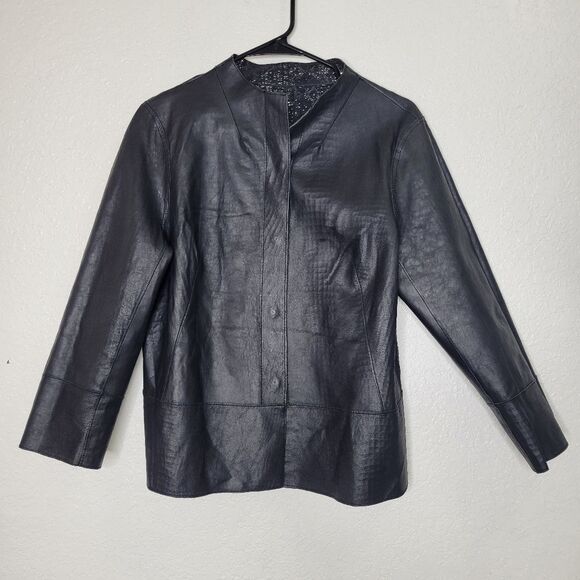 Chicos Size 1 Medium 8 Black Kimberly Reversible Snakeskin Leather Jacket - Picture 10 of 11